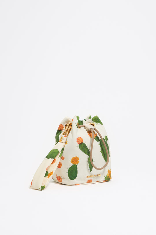Ivory Cactus print nylon mini bucket make-up case