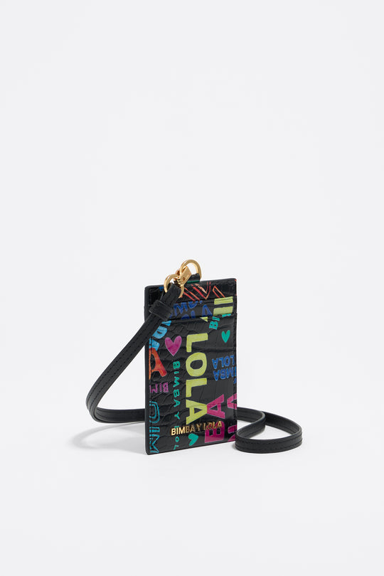 Black crocodile-embossed card holder BIMBA logos