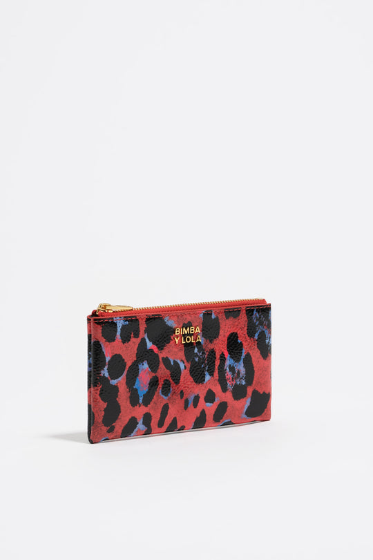 Poppy red shiny textured Leopard print coin purse