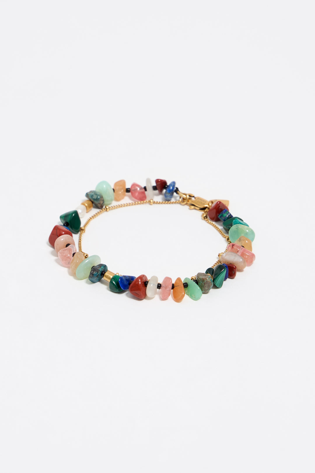 Matte gold-tone double-layer chain and multicolor stones bracelet