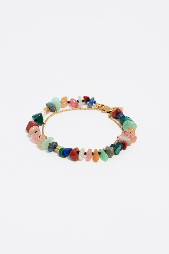 Matte gold-tone double-layer chain and multicolor stones bracelet