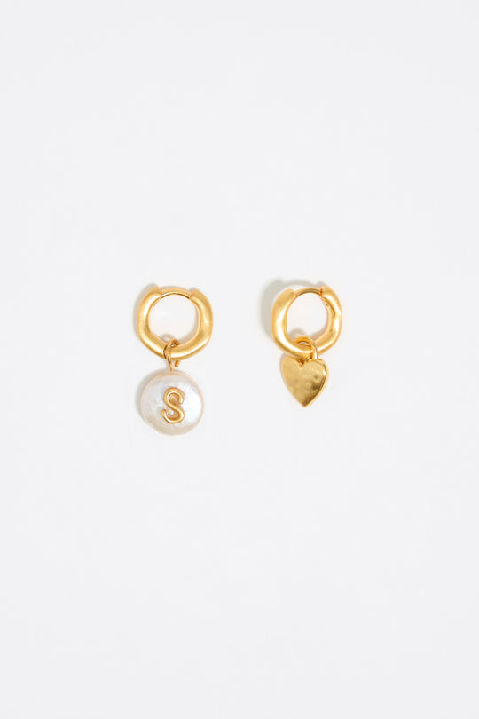 Letter S pearl and heart hoop earrings