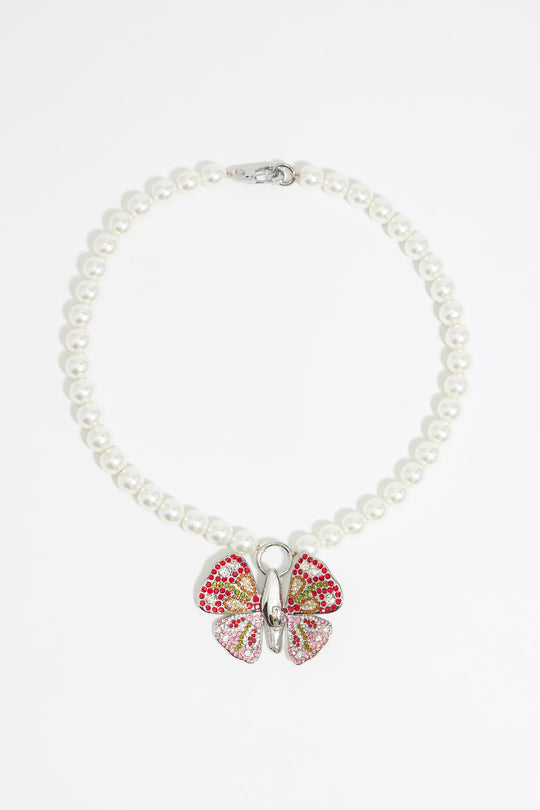 Crystal butterfly pearl necklace