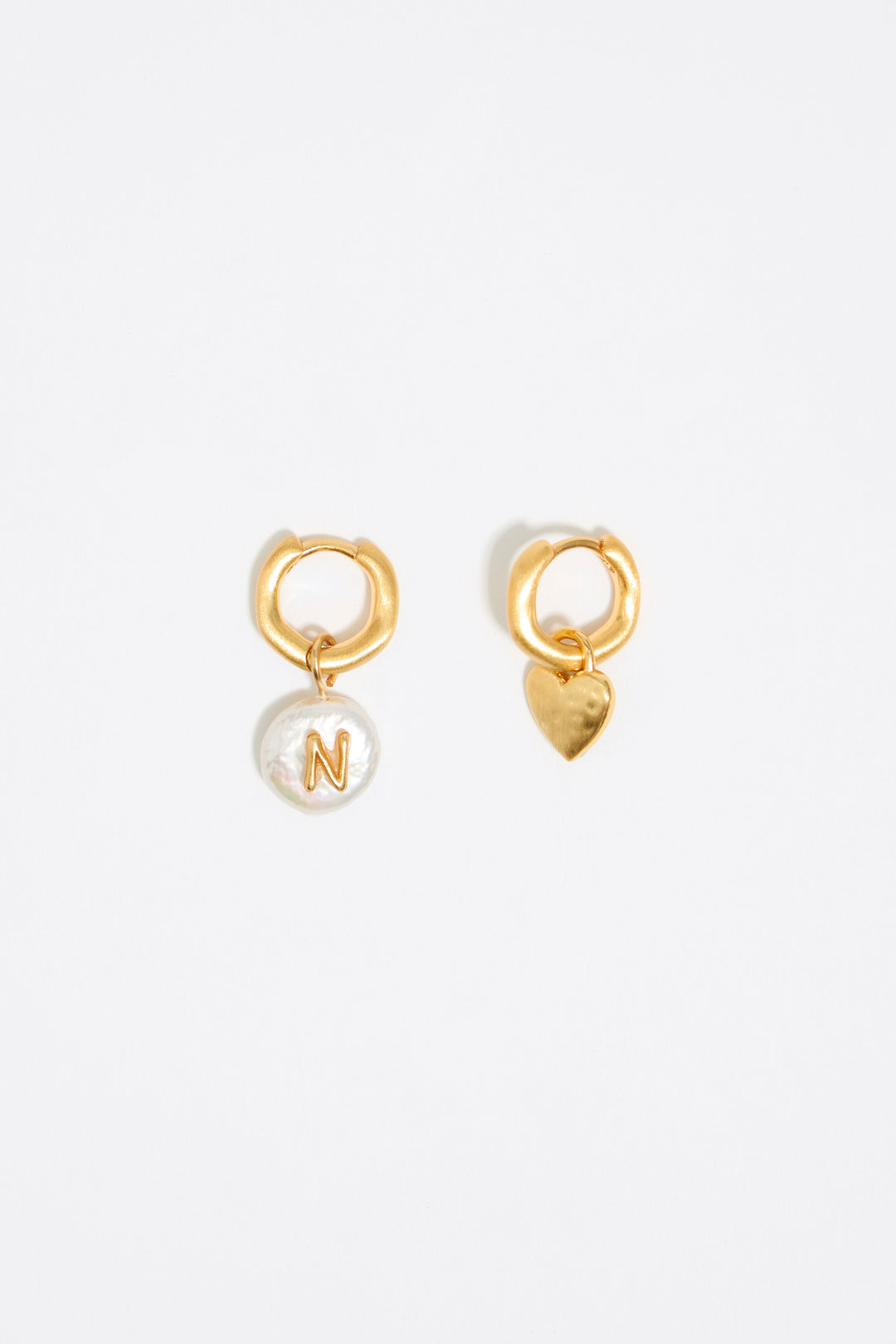 Letter N pearl and heart hoop earrings