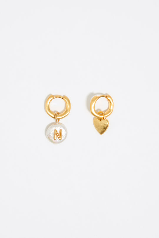 Letter N pearl and heart hoop earrings