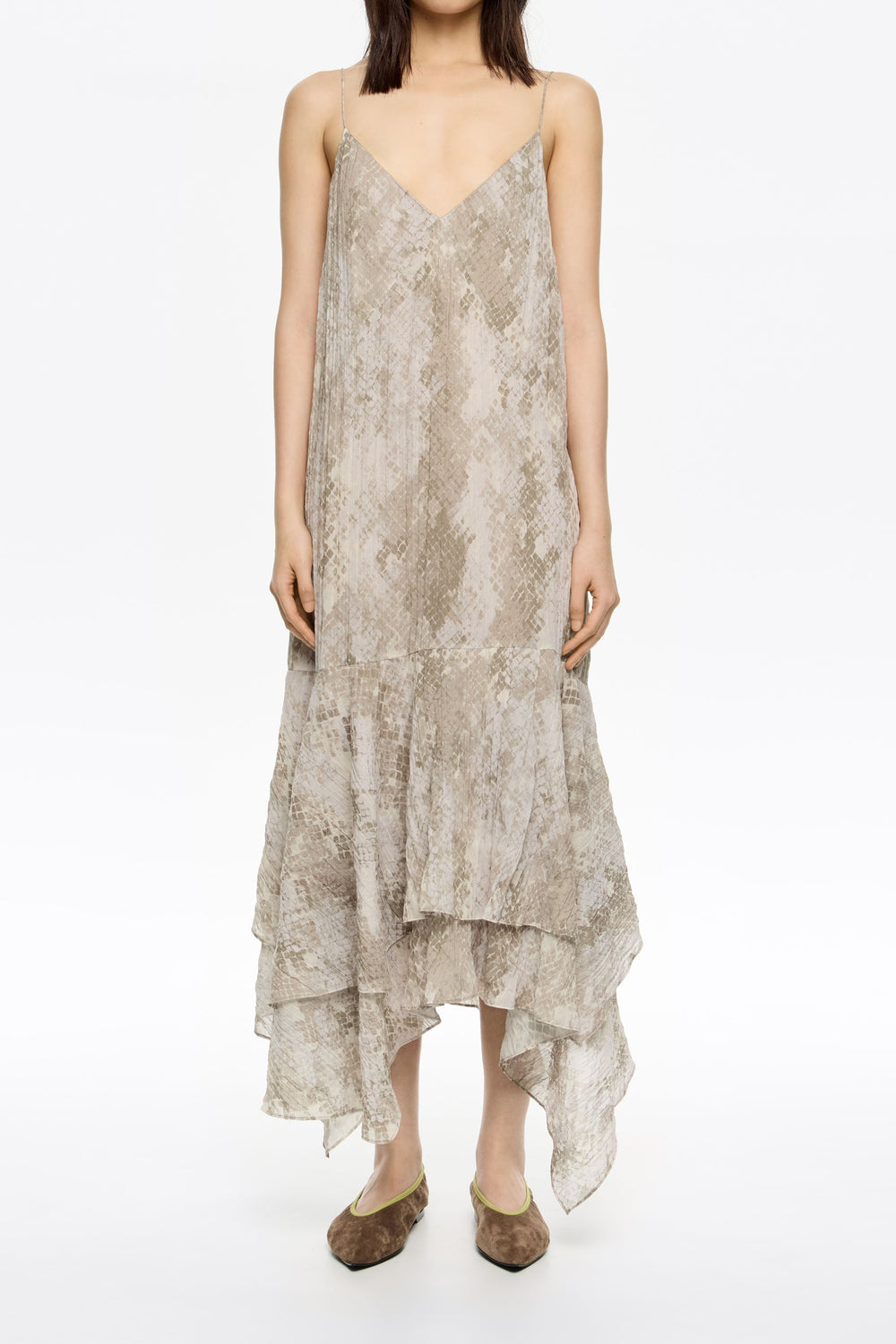 Taupe Snake asymmetric pleated dress