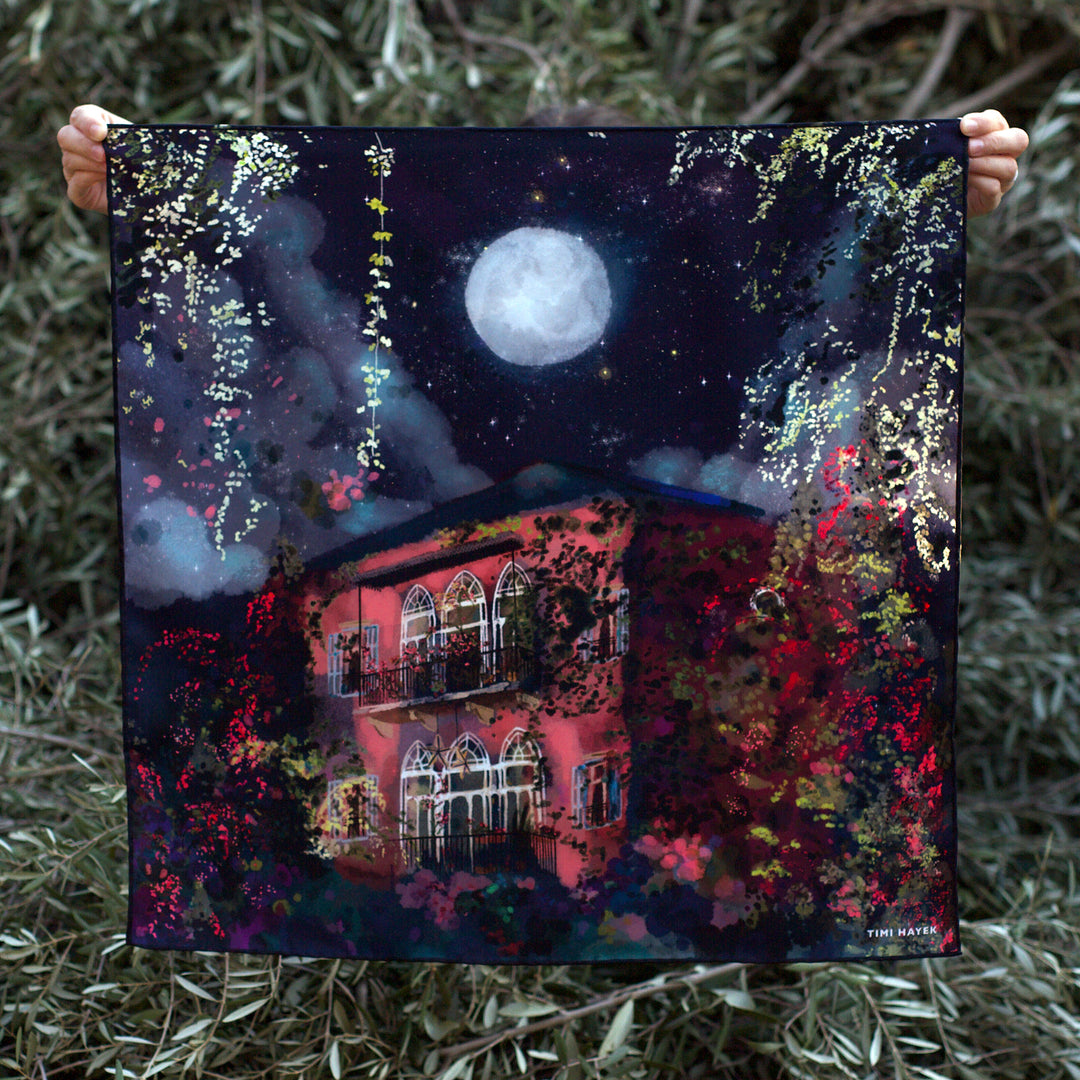 Traditional Lebanese House with Full Moon -Silk Scarf