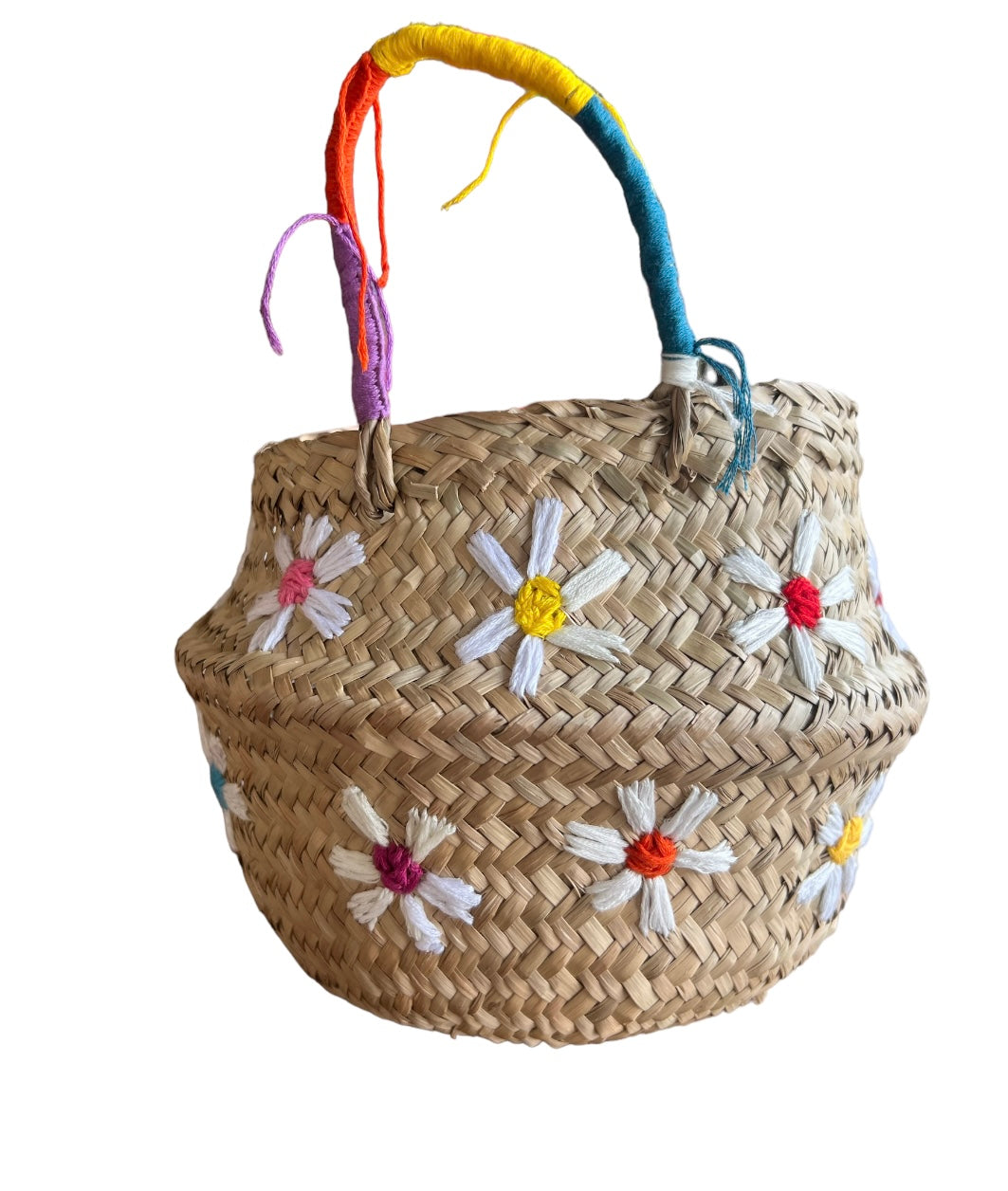 Straw Basket - White Flower With Strap