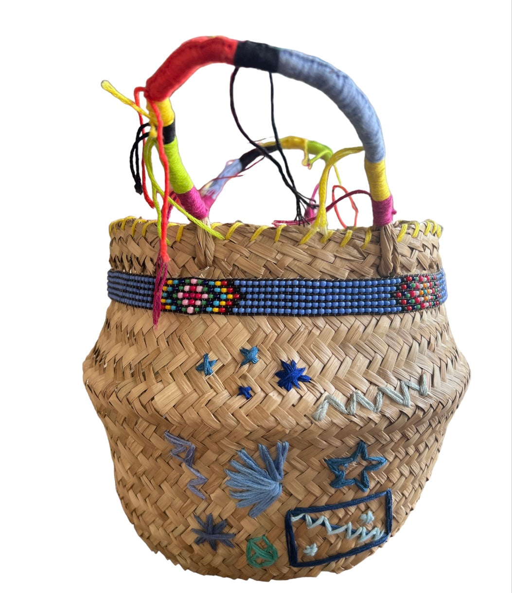 Straw Basket - Blue Design