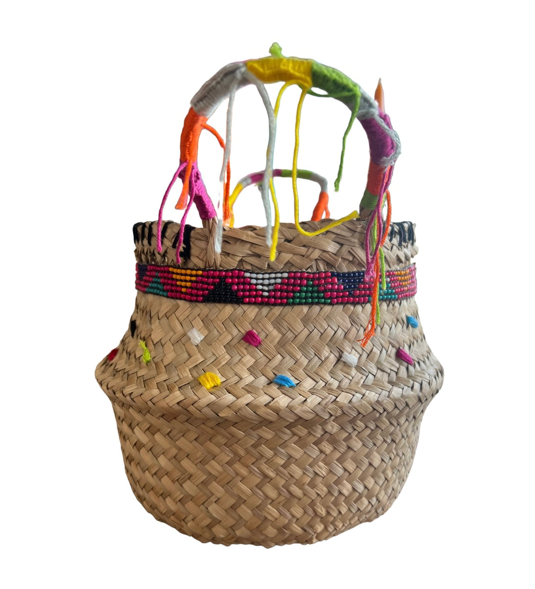 Straw Basket - Multicolor Dots With Strap