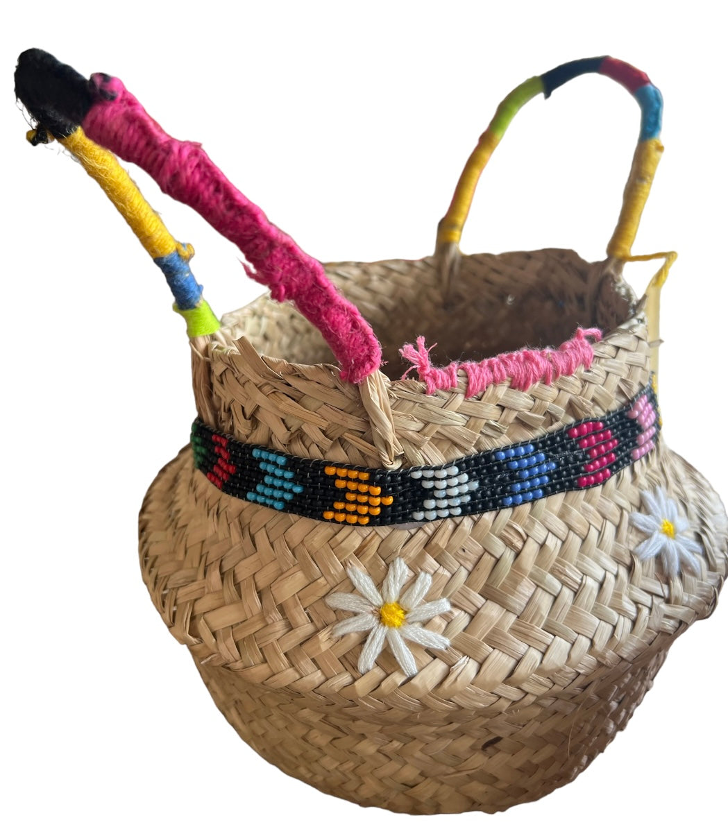 Straw Basket - White Flowers