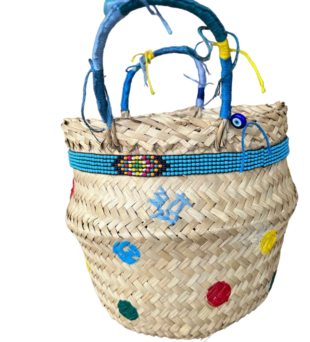Straw Basket - Dots With Blue Strap