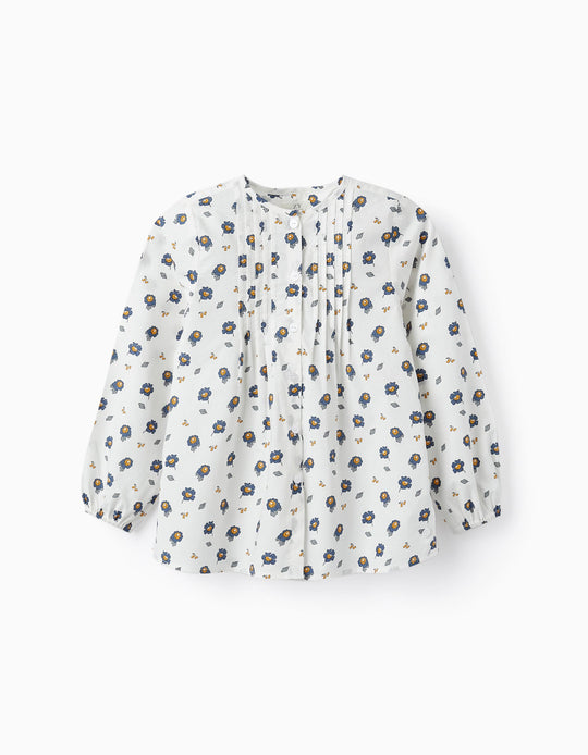 Cotton Blouse for Girls 'Flowers', White