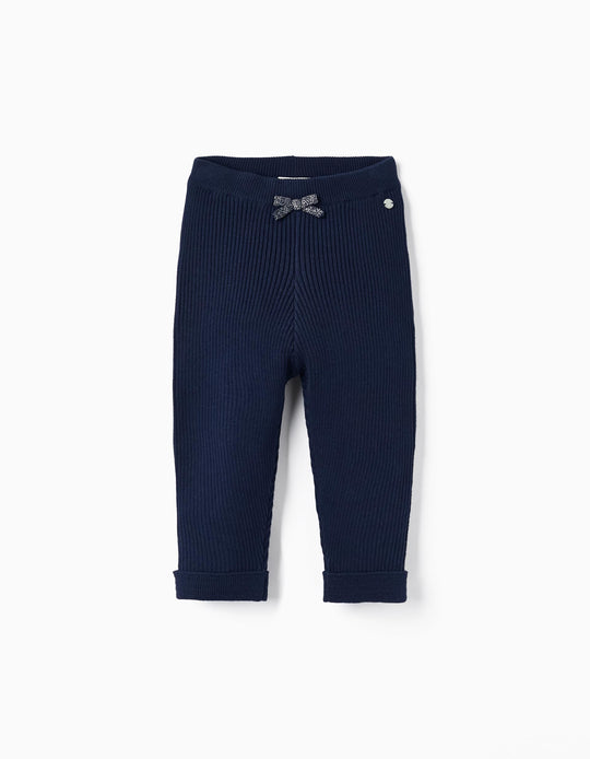 Ribbed Knit Leggings with Bow for Baby Girls, Dark Blue