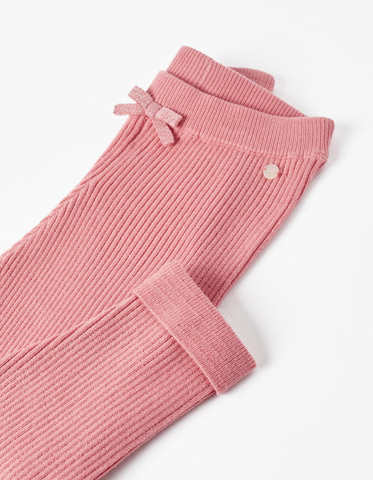 Ribbed Knit Leggings with Bow for Baby Girls, Pink