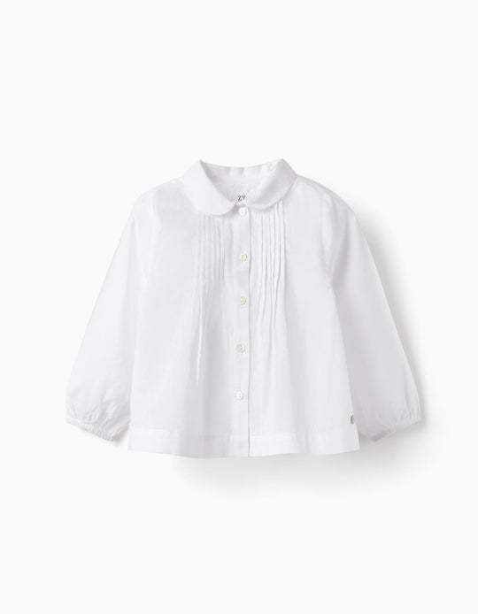 Cotton Shirt with Pleated Detail for Baby Girls, White