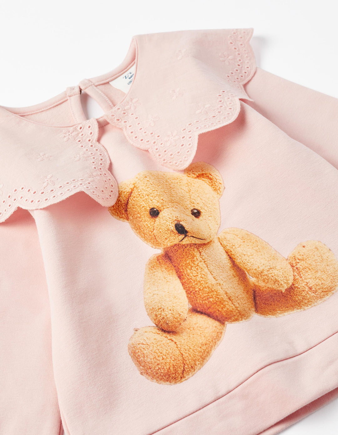Cotton Sweatshirt with English Embroidery for Baby Girls 'Teddy Bear', Pink