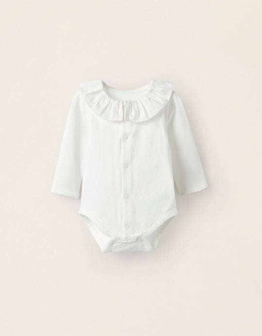 Cotton Bodysuits with Ruffles for Newborn Girls, White