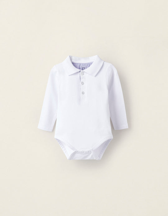 Cotton Polo Bodysuit for Newborn, White