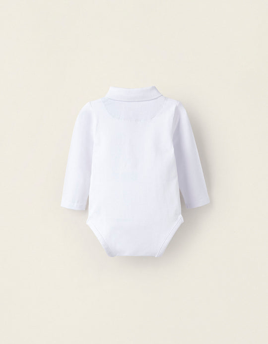 Cotton Polo Bodysuit for Newborn, White