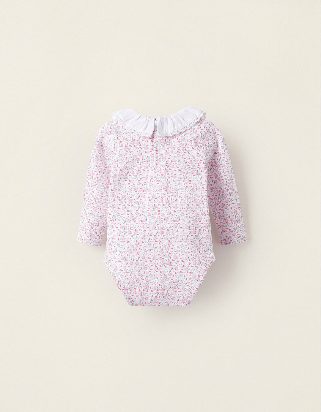 Floral Bodysuit with Frills and Lace for Newborns, White/Pink