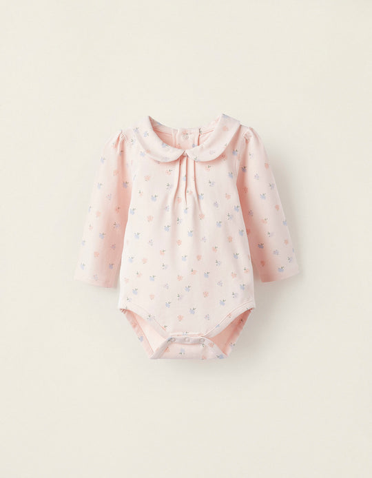 Floral Bodysuit with Draping for Newborn Girls, Pink