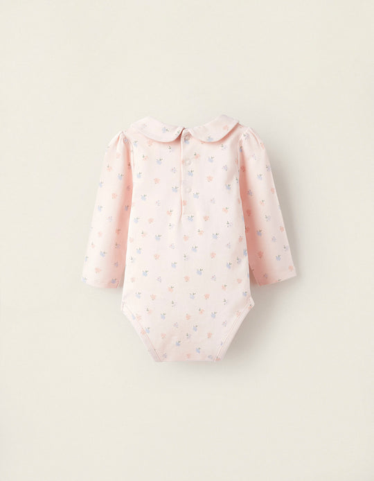 Floral Bodysuit with Draping for Newborn Girls, Pink