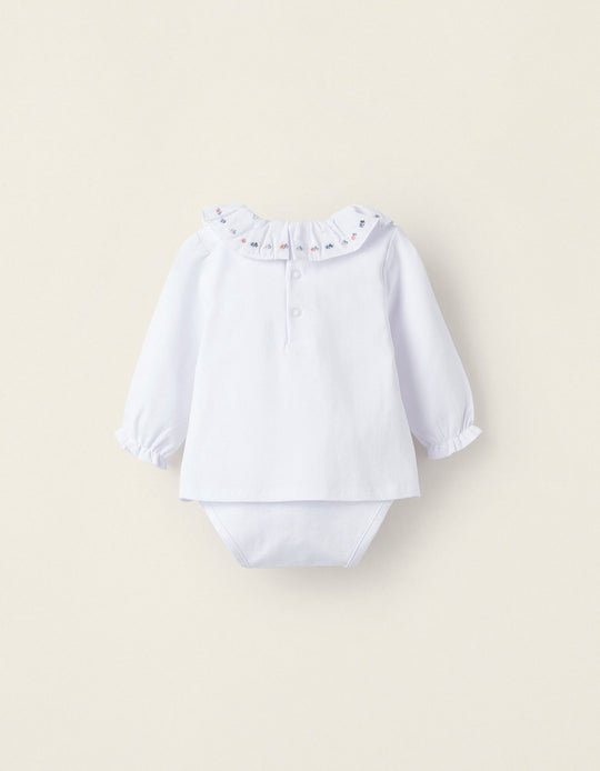 Cotton Blouse Bodysuit for Newborn Girls, White