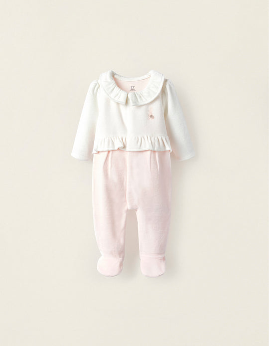Velvet Cotton Babygrow for Newborn Girls, Pink/White