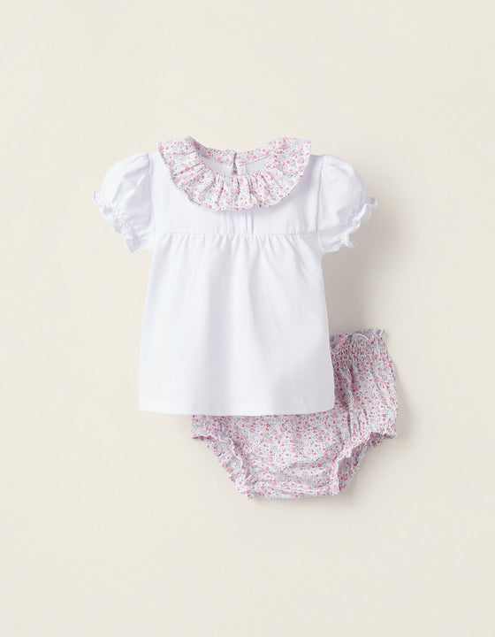 Floral T-shirt + Bloomers for Newborns, White/Pink
