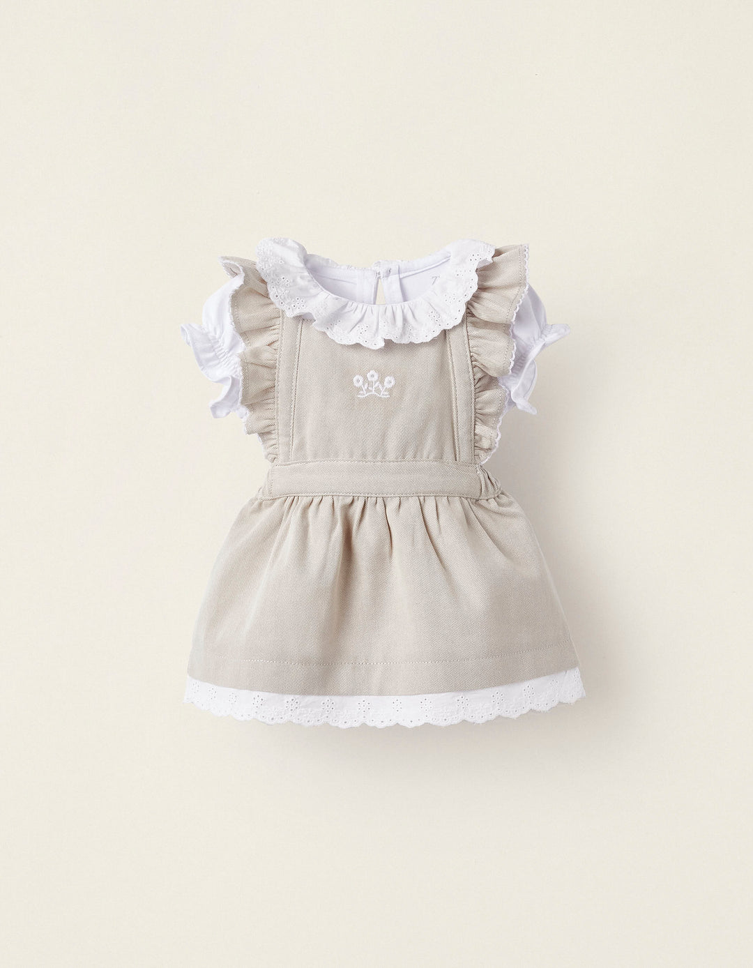 T-shirt + Dress with English Embroidery for Newborn Baby Girls, Beige/White