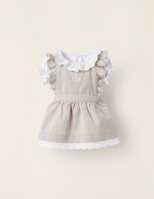 T-shirt + Dress with English Embroidery for Newborn Baby Girls, Beige/White