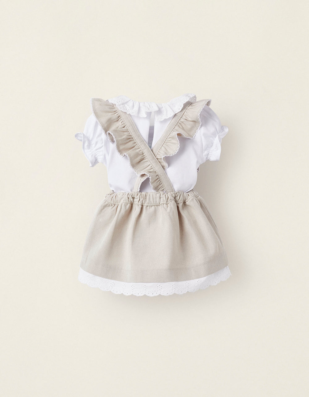 T-shirt + Dress with English Embroidery for Newborn Baby Girls, Beige/White