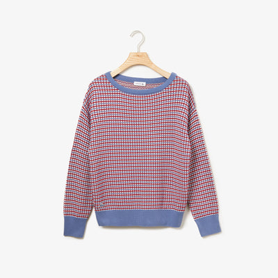 Women's Boat Neck Check Cotton Jacquard Sweater - AF8735