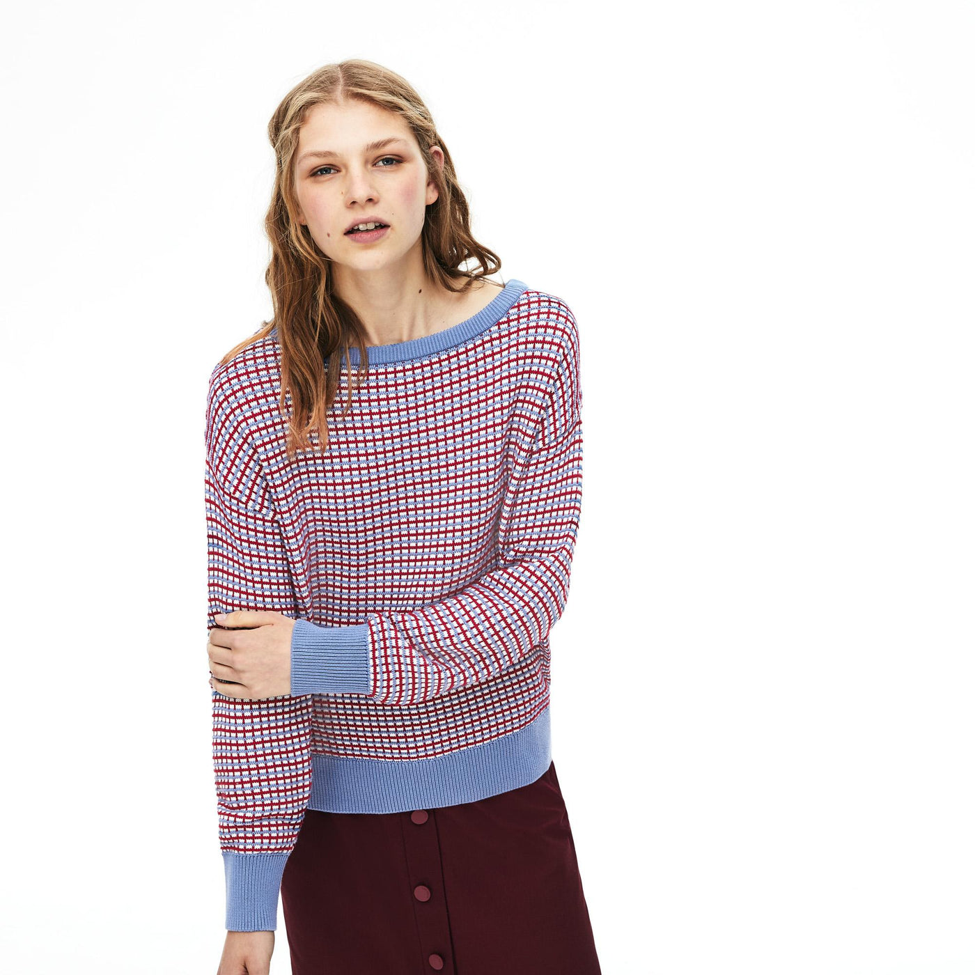 Women's Boat Neck Check Cotton Jacquard Sweater - Af8735