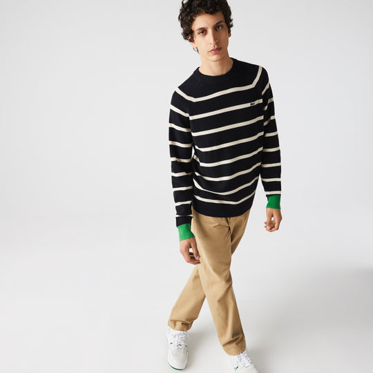 Men Regular Fit Crew Neck Striped Navy Blue Sweater - Ah6798