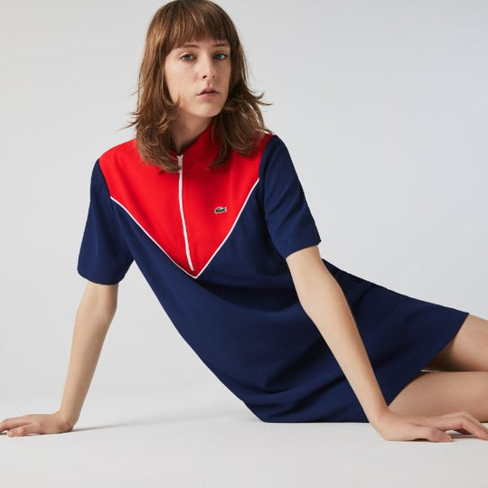 Women's Flowy Zip Collar Colourblock Polo Dress - Ef0225