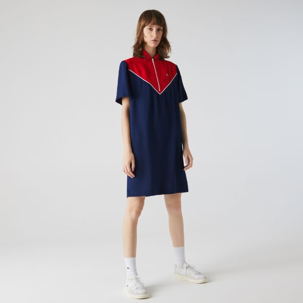 Women's Flowy Zip Collar Colourblock Polo Dress - Ef0225