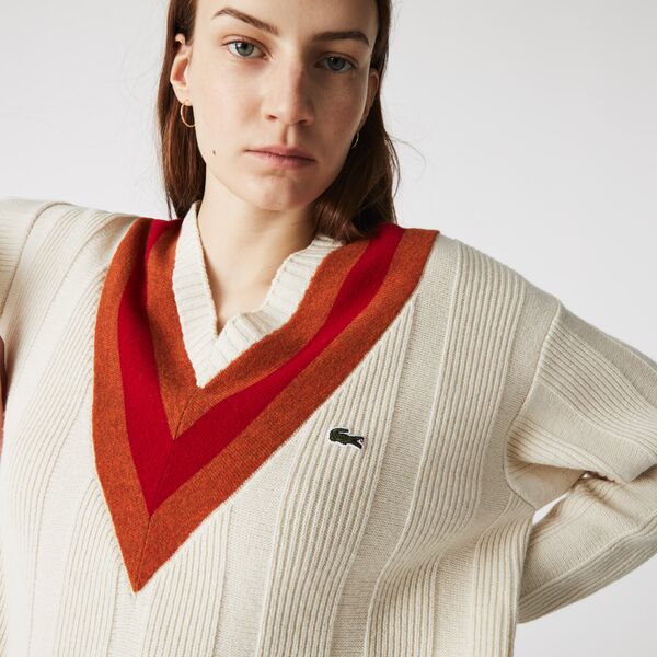 Shop The Latest Collection Of Outlet - Lacoste Women'S V-Neck Striped Textured Wool Sweater-Af7041 In Lebanon