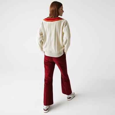 Women's V-Neck Striped Textured Wool Sweater-Af7041