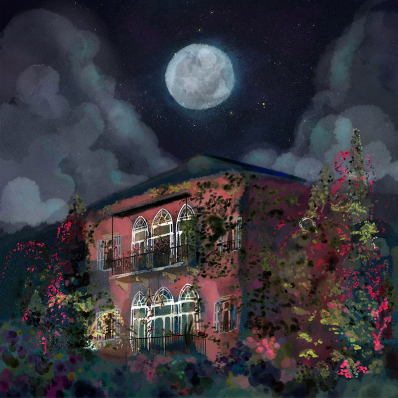 Shop The Latest Collection Of Timi Hayek Quartz Pink Traditional Lebanese House With Full Moon - Giclee Print - 21Cm X 21Cm In Lebanon