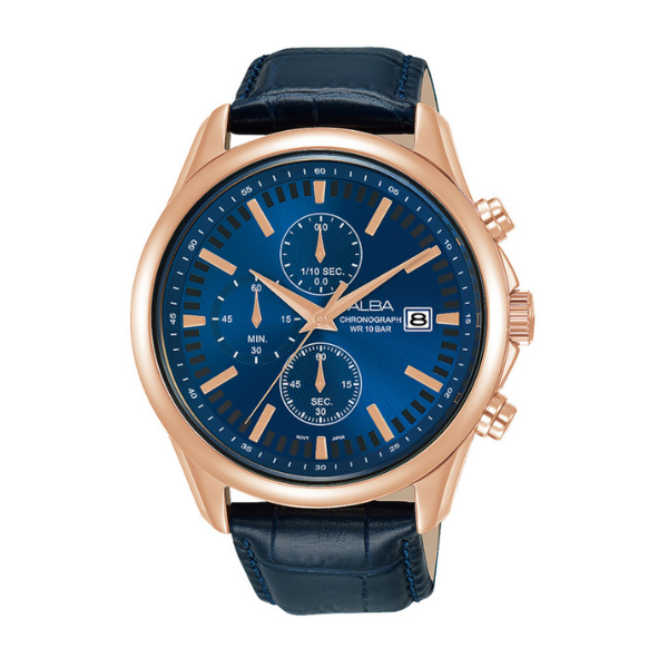 Shop The Latest Collection Of Outlet - Alba Alba Prestige Chrono Blue Dial Rose Gold Bezel Blue Leather - Am3698X1 In Lebanon